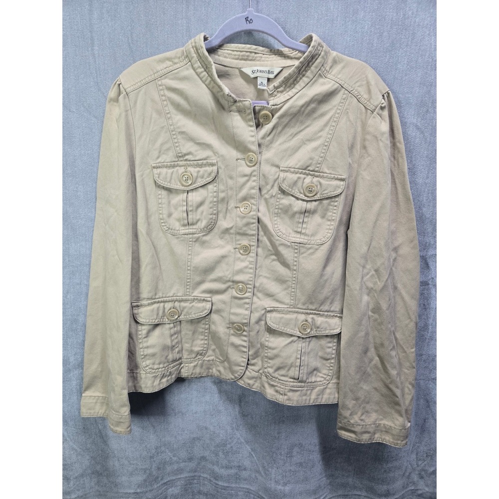 St. Johns Bay Womens XL Khaki Tan Cotton Twill Utility Safari Jacket Mock Neck
